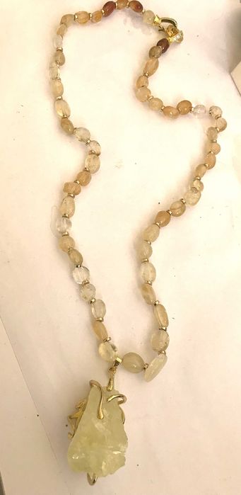 Colier handmade din margele de citrin si pandant citrin brut