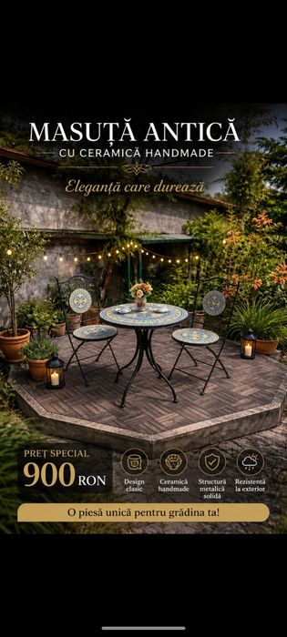 Vand set masuta cu 2 scaune din metal cu  ceramica mozaic