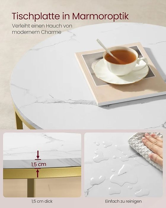 Măsuță de cafea cu efect de marmură și cadru auriu