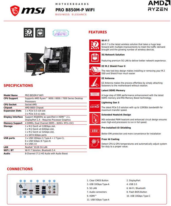 Материнская плата MSI PRO B850M-P WIFI 7 DDR5 AM5 mATX