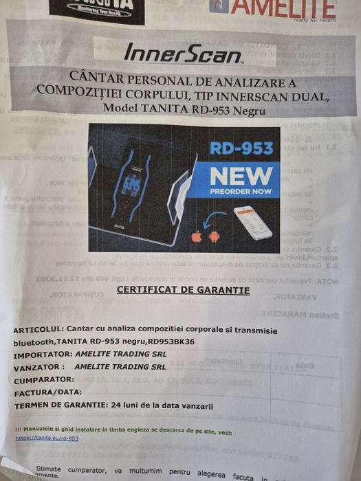 Cântar profesional personal inteligent cu analiză corporală și transfer de date pe telefon negru RD-953