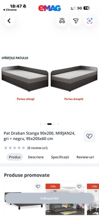 pat draban stanga 90x200, mirjan24, gri + negru, 95x205x60 cm