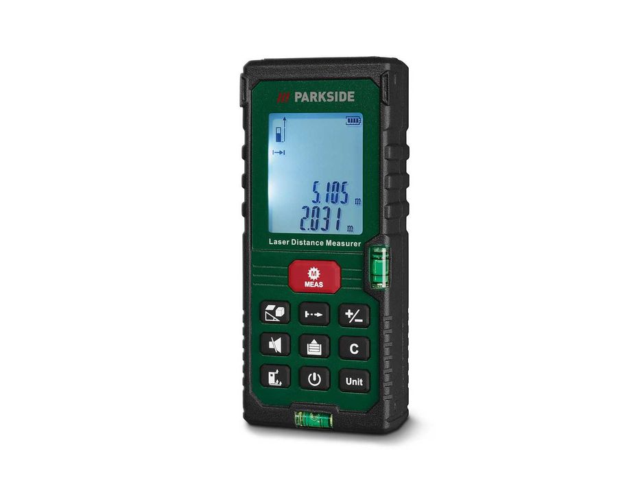 Telemetru cu laser PLEM 50 PARKSIDE® cu functia Pitagora - calcul suprafete si volume; nou sigilat, realizat in GERMANIA; are si husa.