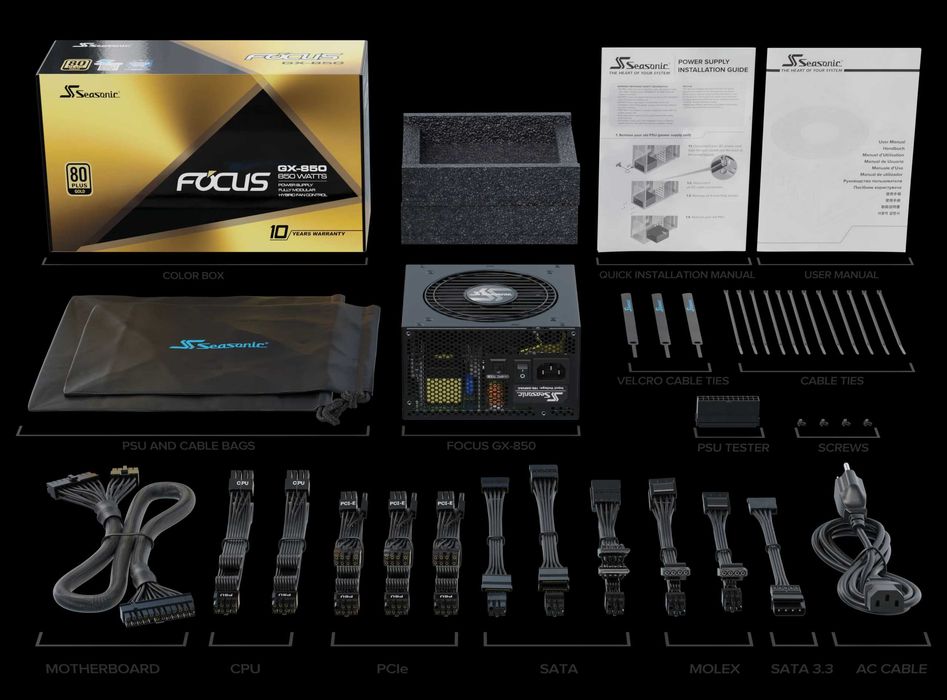 Sursa Seasonic 850W, FOCUS GX Series - 80 PLUS Gold - Full Modulara - ATX v2.4 - Eficienta 90%, Ventilator 120mm FDB Bearing, PFC activ