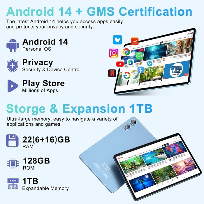 Таблет 2025 Android 14, 22GB RAM 128GB ROM 1TB Expansion, 10-инчов