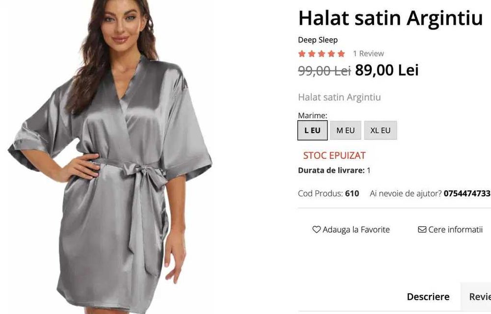 Halat satin gri argintiu, 3/4, scurt, cu cordon, nou, marime S/36