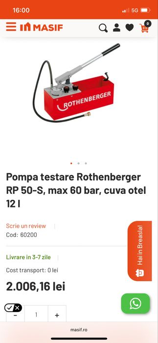 Pompa testare Rothenberger RP 50-S, max 60 bar, cuva otel 12 l