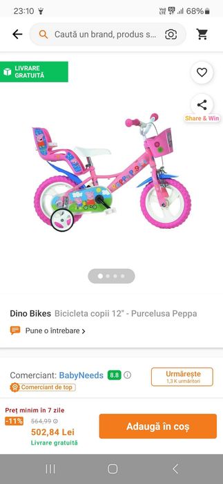 Vand bicicleta Peppa Pig, noua, 12".
