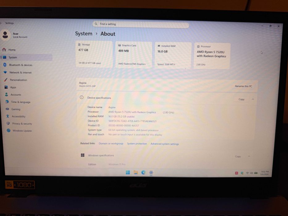 Laptop Acer  • Ryzen 5 7520u • 16GB DDR5  • Acumulator 100%  •  Ca Nou