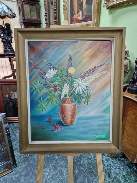 Стар голям антикварен френски натюрморт масло върху платно