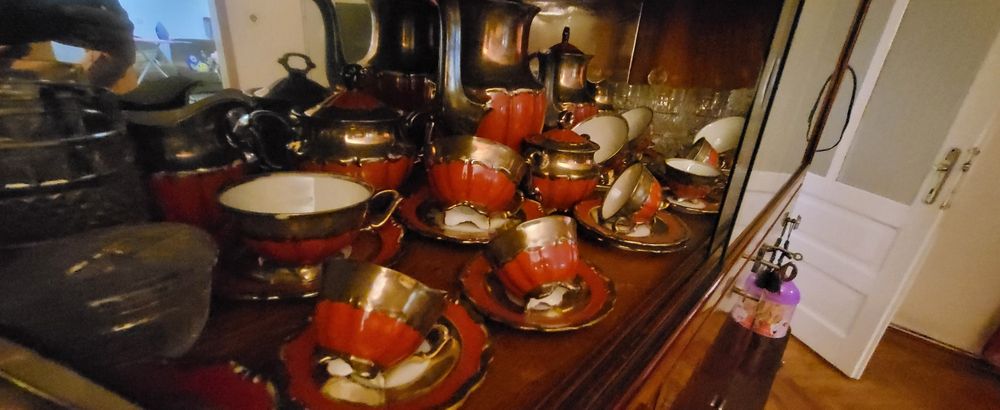 Set ceai, cafea cobalt , suflat cu aur