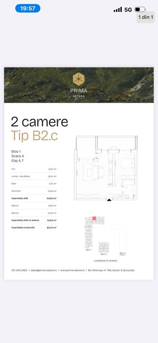 Apartament 2 camere etaj 7 Prima Astera Ghencea