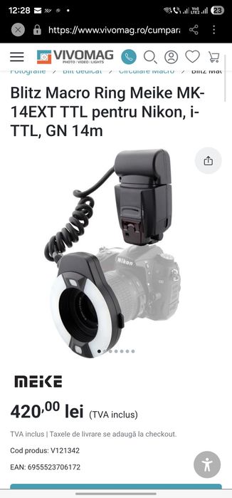 Blitz Macro Ring Meike MK-14EXT TTL pentru Nikon