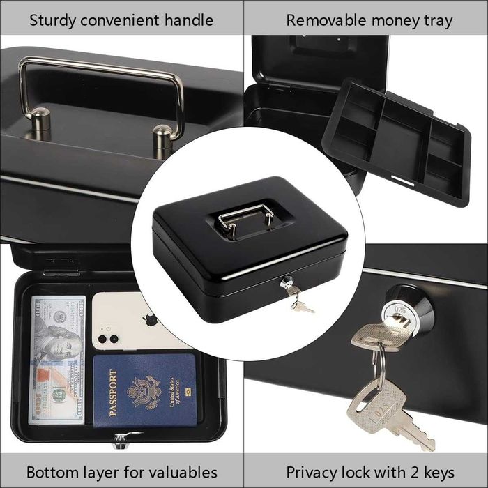 Cutie metalica pentru bani inchidere cu cheie si maner 30 x 24 x 9 cm