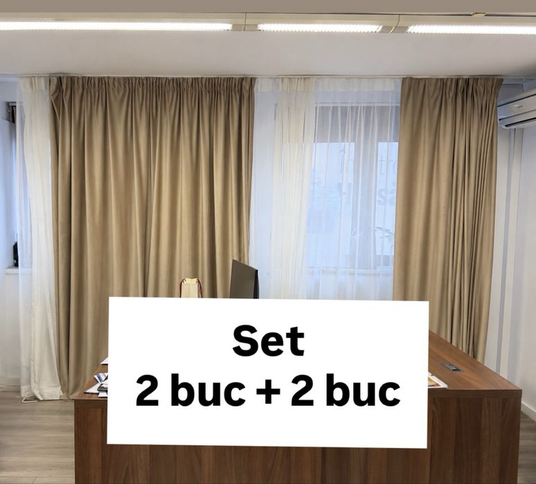 Draperii catifea bej și perdea albă