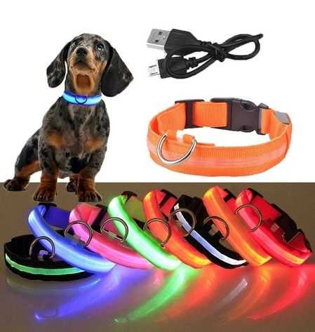 Светещ LED нашийник каишка за куче котка с USB зареждане лед