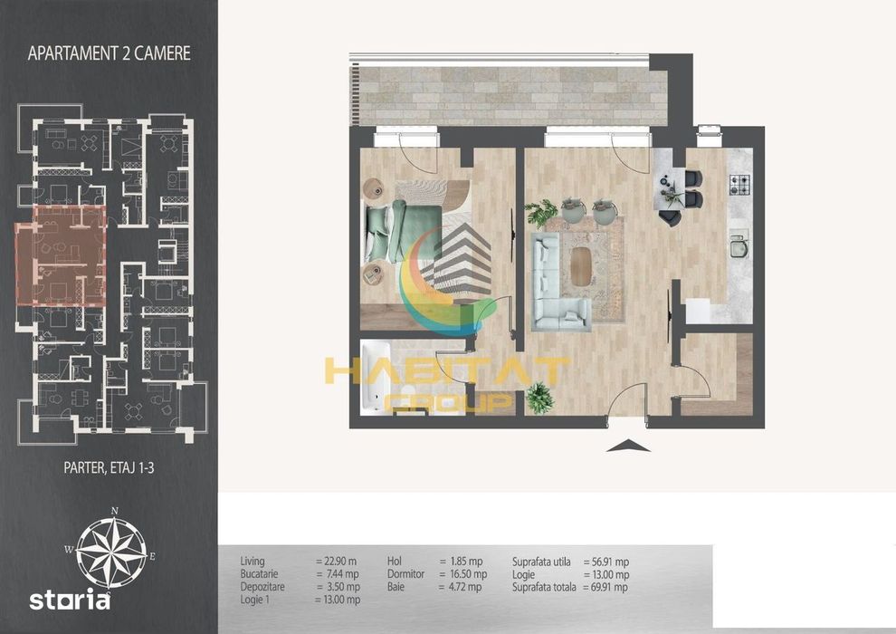 Pallady 2 camere decomandat 70 mp la 8 minute metrou N.Teclu