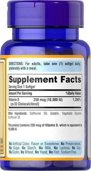 Витамин Д3, 10000 IU Puritan's Pride Vitamin D3 США Читайте текст