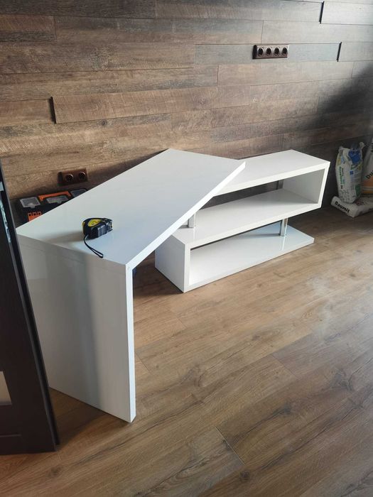 Въртящо се бюро и ТV шкаф 2 в 1 бял гланц разтегателно