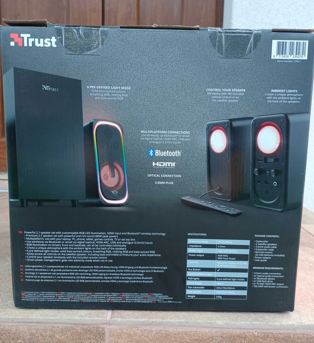 Boxe gaming Trust GXT 635 Rumax, 2.1, 40W RMS, Bluetooth RGB HDMI, noi