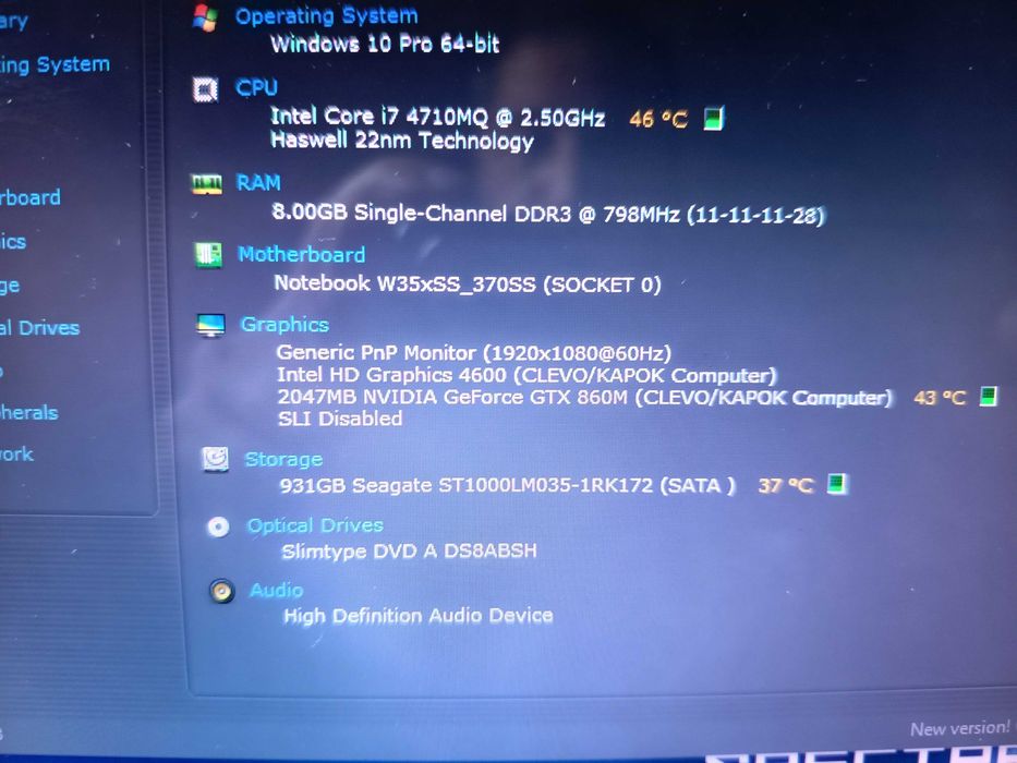 Laptop gaming Clevo W370, core i7 4700mq octacore Nvidia GTX 860m 2gb ddr5, 1tb hdd, 8gb ram, display mare 17,3 inch full hd