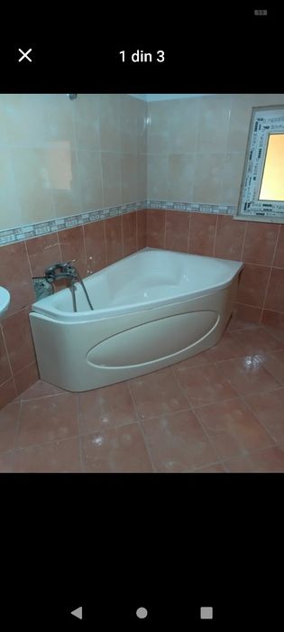Cada baie de colt completă cu mască robinet duș și sifon, dimensiuni 150/100 cm
