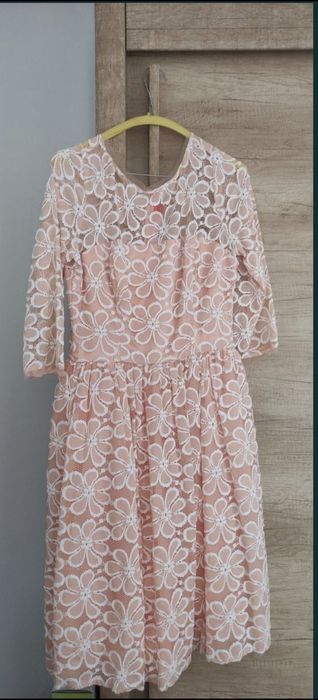 Rochie cocktail corai 40. Brau cu funda, model dantela