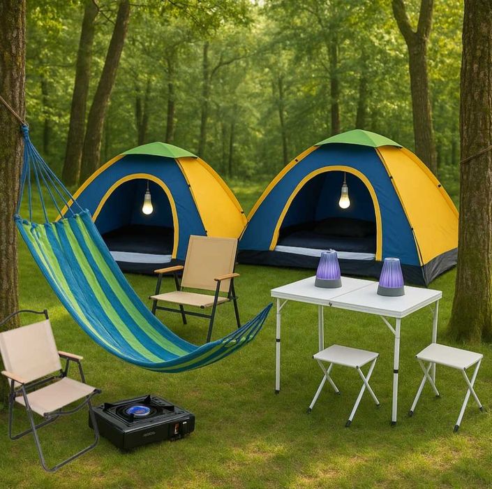 Къмпинг комплект за четирима + Голям цветен хамак с  цветни шарки