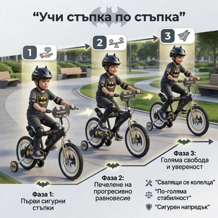 Детски велосипед Batman Dark Knight 16” с помощни колела, стоманена рамка и спирачки – за деца 5+