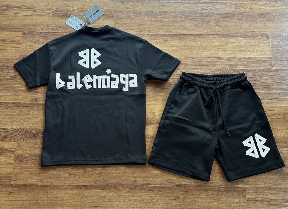Мъжки,памучен,черен къс комплект Balenciaga с щампа на гърба