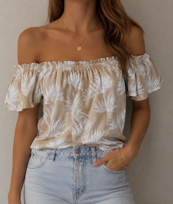 Top de vara cu umeri goi bluza eleganta bej floral