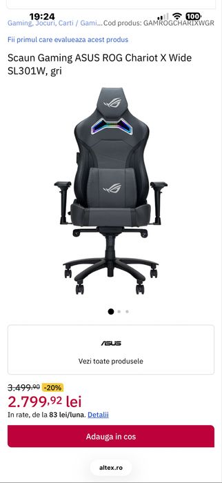 Scaun Gaming ASUS ROG Chariot X Wide SL301W, gri