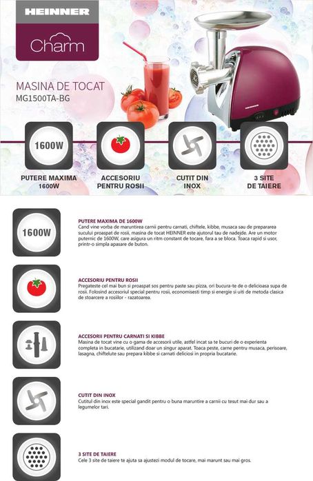 Masina de tocat Heinner MG1500TA-BG, 1600 W, Accesorii,folosita o data