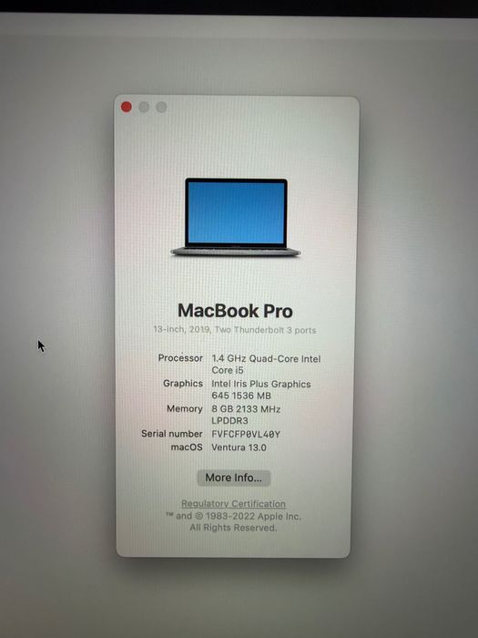 MacBook Pro 13” Space Gray Touch Bar 2019