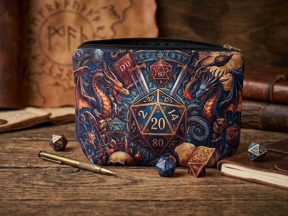 Фентъзи чантичка / Несесер с дракони и D20 зарчета за Tabletop / D&D (24x17 cm)
