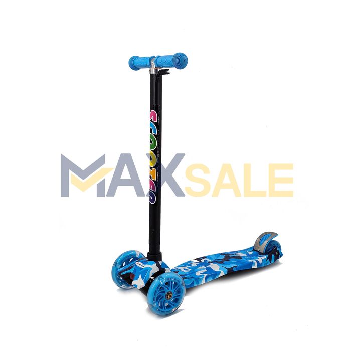 Детска тротинетка триколка камуфлаж с 3 светещи колела синьо