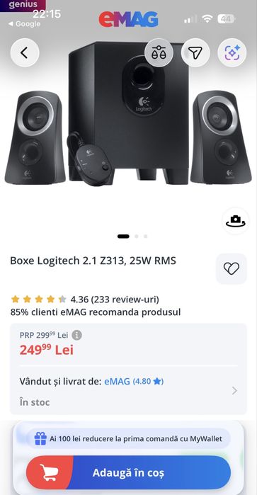 Boxe sistem Logitech 2.1 25W Rms