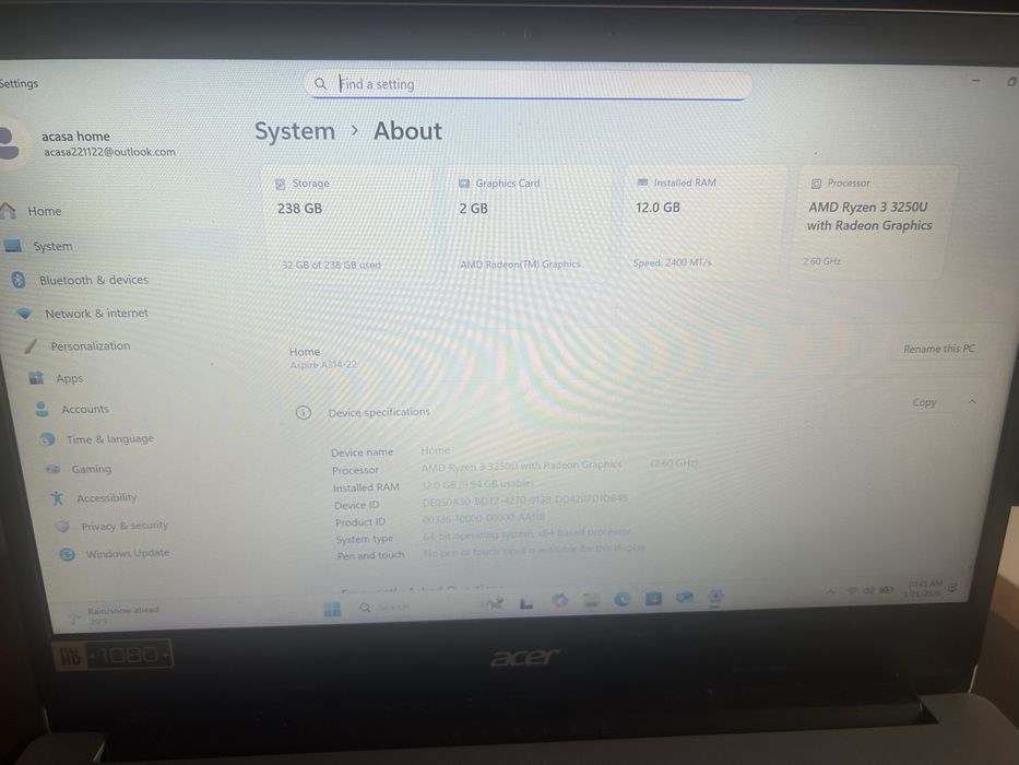 Laptop Acer Aspire 3, Rizen 3, 12gb ram, SSD 256