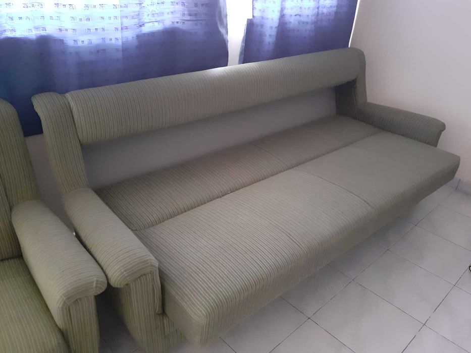 OFERTA set canapea cu fotoliu si masa lemn masiv cu gresie