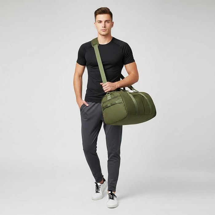 Geanta Sport, Buzunar Separat Impermeabil si Compartiment pentru Incaltaminte, 26cm x 47cm x 23cm, Neagra/Bej/Verde inchis, PriStyle®