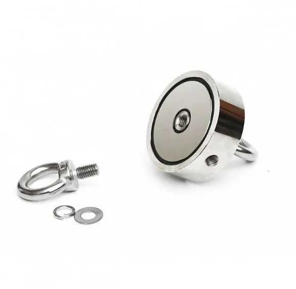 Magnet neodim oală D 75 mm cu două cârlige inelare și două fețe 200kg