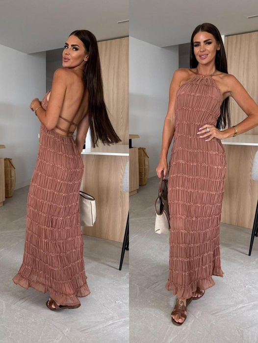 Рокля гол гръб еластична жълта кафява