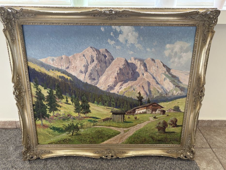 Tablou pe panza, peisaj montan cu ferma, dimensiunea panzei 90x70