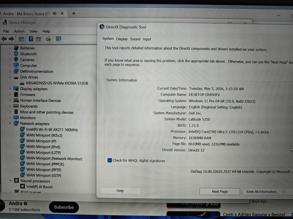 Dell 5350, 16gb 6400mhz, ultra 5 135u, 1.2kg, ultrabook laptop