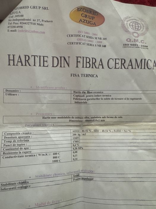 Hartie fibra ceramica