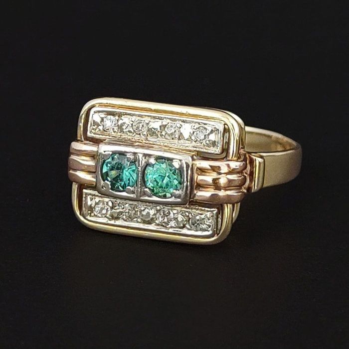 inel tank Art Deco, aur 14k, zircon natural, diamante, certif.