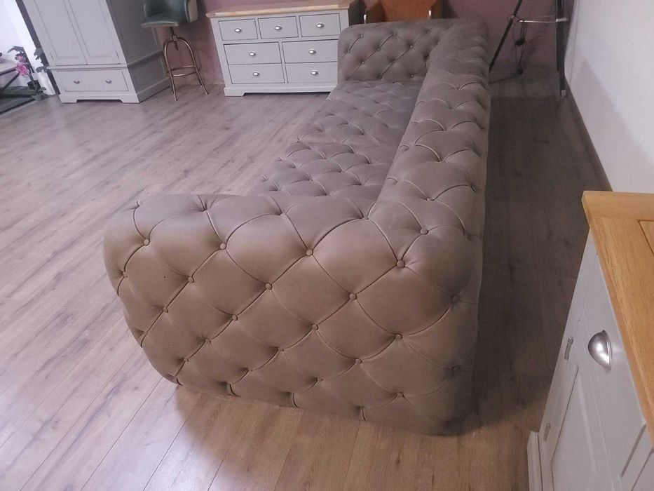 Дизайнерски кафяв кожен диван четворка Честърфийлд