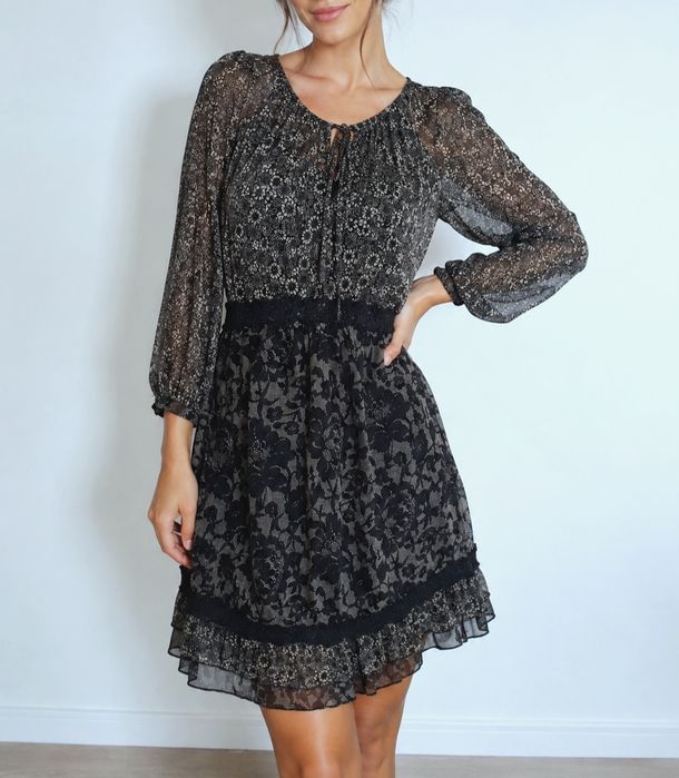 Rochie Jessica boho vintage baby doll neagră cu dantelă volane transparentă S M L