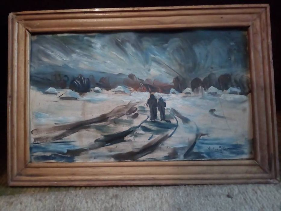 Tablou "Iarna" , lucrat in ulei, cu cutitul pe carton