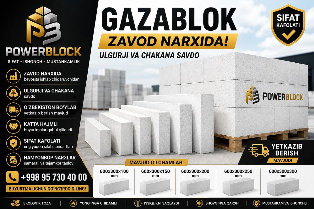 Gazablok 600×300 | Zavod narxida | Yetkazib berish